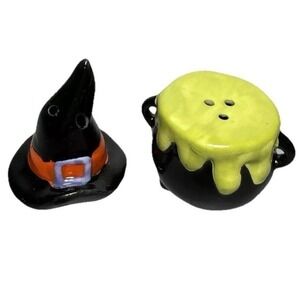 Halloween Witch Hat and Cauldron Ceramic Salt and Pepper Shakers Set Black Green